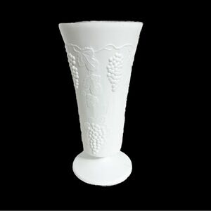 Vintage Embossed White Milk Glass Trumpet Vase Raised Grape And Vine Motif